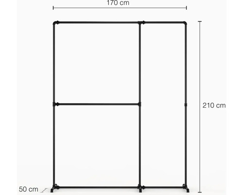 Černý kovový věšák na oblečení o rozměrech 170 x 210 x 50 cm