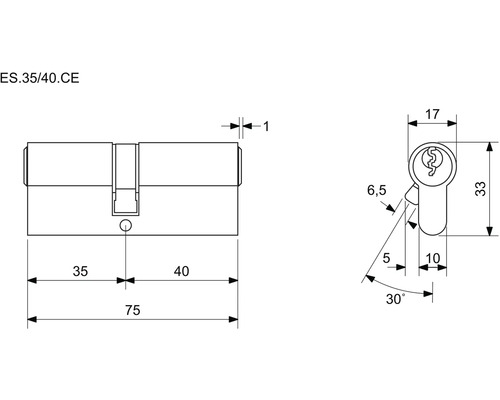 Technický výkres cylindrického zámku s rozměry