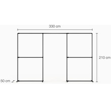 Kovový věšák na oblečení s rozměry: 330 centimetrů šířka, 210 centimetrů výška, 50 centimetrů hloubka