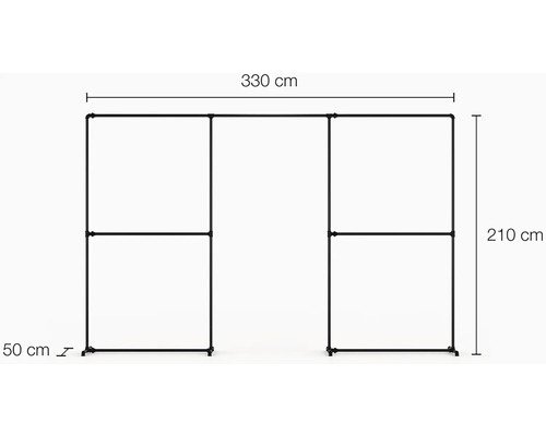 Kovový věšák na oblečení s rozměry: 330 centimetrů šířka, 210 centimetrů výška, 50 centimetrů hloubka