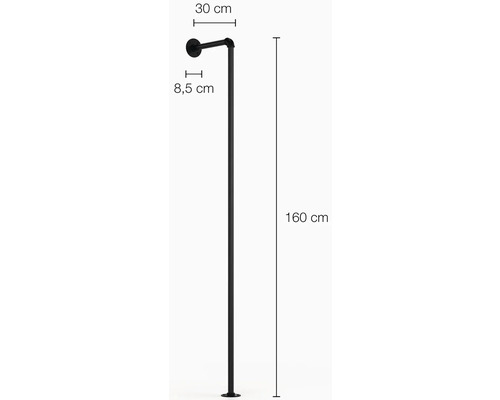 Kovový stojan na šaty o rozměrech 160 cm na výšku, 30 cm do hloubky a 8,5 cm vzdálenost od stěny