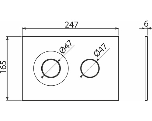 Technický nákres krycí desky se dvěma otvory, rozměry: 247 x 165 x 6 mm, průměr otvoru: 47 mm