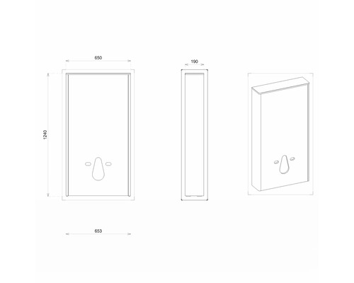 Technický nákres zrcadlové skříňky o rozměrech 1240 x 650 x 190 mm.