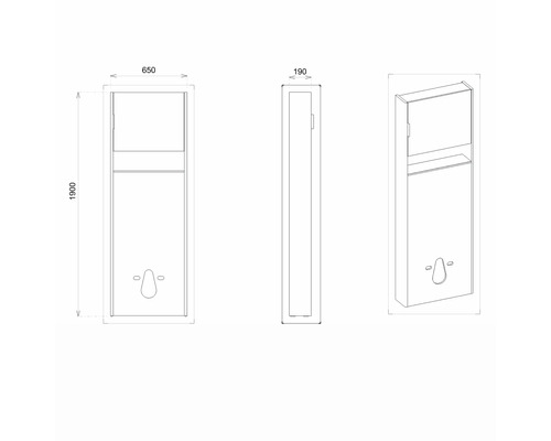 Technický výkres vysoké koupelnové skříňky s rozměry 650, 190 a 1900 mm.
