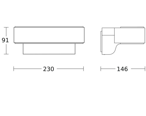 Technický nákres nástěnné lampy o rozměrech 230, 146 a 91 milimetrů