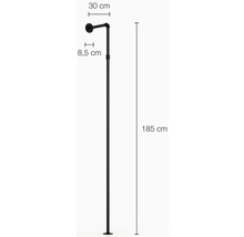 Rozměry černé sprchové armatury: výška 185 cm, vyložení 30 cm, vzdálenost od stěny 8,5 cm