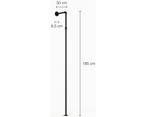 Rozměry černé sprchové armatury: výška 185 cm, vyložení 30 cm, vzdálenost od stěny 8,5 cm