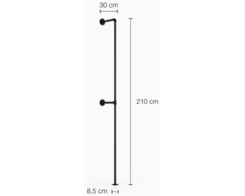 Černý věšák na oblečení o rozměrech 210 cm výška, 30 cm hloubka a 8,5 cm základna