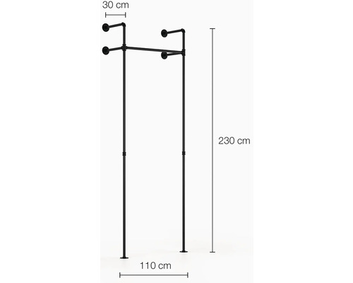 Černý věšák na oblečení o rozměrech 230 cm výška, 110 cm šířka a 30 cm hloubka