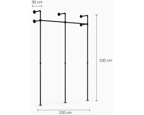 Černý kovový věšák na šaty o rozměrech 30, 220 a 230 centimetrů.