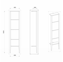 Technický nákres regálu o rozměrech 1918 x 453 x 200 mm.