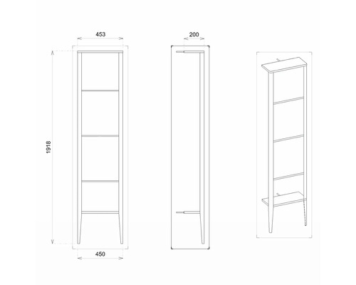 Technický nákres regálu o rozměrech 1918 x 453 x 200 mm.
