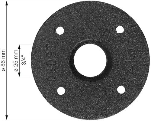 Litá podlahová příruba o průměru 86 milimetrů a vnitřním závitem 3/4 palce.
