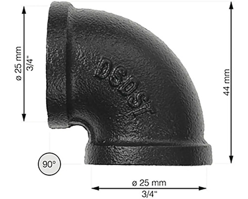 Černý litinový trubkový oblouk 90 stupňů o průměru 25 mm