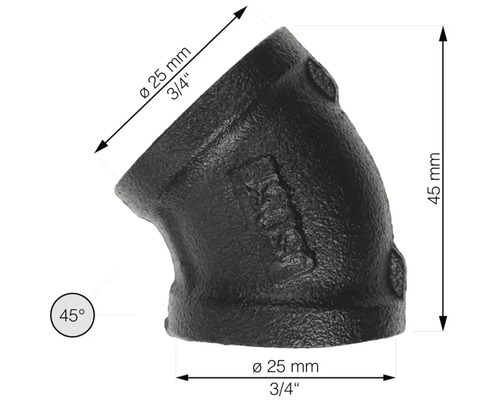 Litina tvarovka, 45stupňové koleno, průměr 25 mm