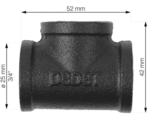 T-kus z litiny o rozměrech 52 mm a 42 mm a průměru 25 mm