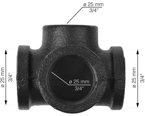 Černý T-kus o průměru 25 mm