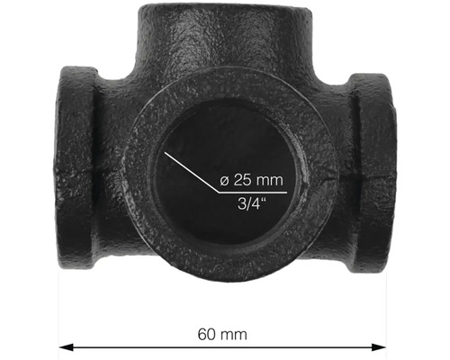 Černá temperovaná litinová tvarovka T-kus o průměru 25 mm