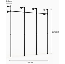 Volně stojící věšák na oděvy z ocelové trubky, výška 230 cm a šířka 330 cm