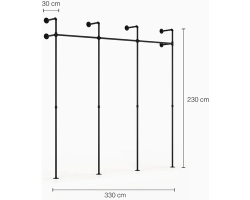 Volně stojící věšák na oděvy z ocelové trubky, výška 230 cm a šířka 330 cm