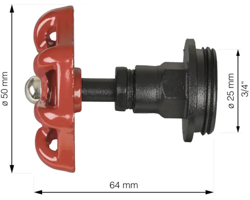 Kovový ventil s rozměry 50 milimetrů, 25 milimetrů a 64 milimetrů