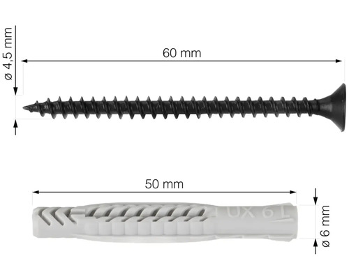 Obrázek 60milimetrového šroubu a 50milimetrové hmoždinky s rozměry
