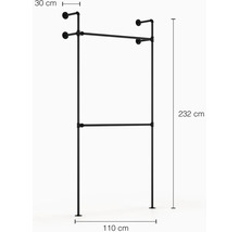 Kovový věšák na oblečení se dvěma tyčemi o rozměrech 232 x 110 x 30 cm