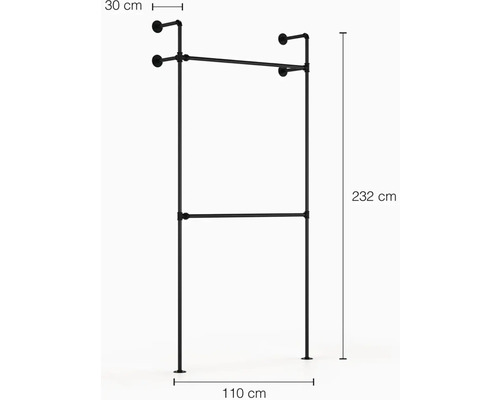 Kovový věšák na oblečení se dvěma tyčemi o rozměrech 232 x 110 x 30 cm