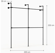 Černý kovový věšák na oblečení o rozměrech 232 x 220 x 30 cm.