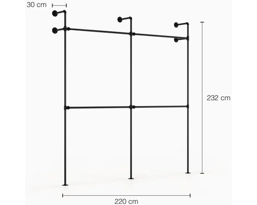 Černý kovový věšák na oblečení o rozměrech 232 x 220 x 30 cm.