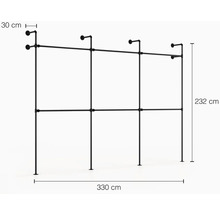 Stojan na šaty z trubek o rozměrech 330 x 232 x 30 centimetrů