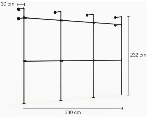 Stojan na šaty z trubek o rozměrech 330 x 232 x 30 centimetrů