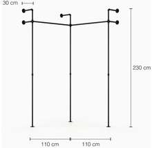 Černý věšák na šaty z trubek o rozměrech 30 cm, 110 cm a 230 cm