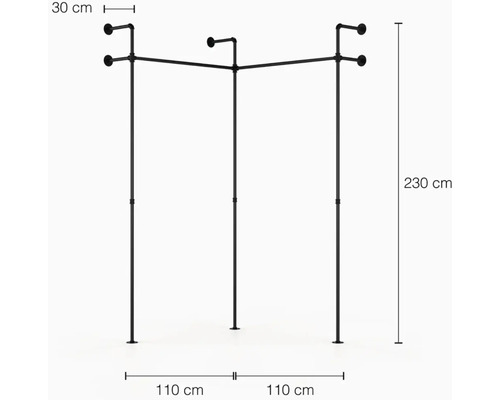 Černý věšák na šaty z trubek o rozměrech 30 cm, 110 cm a 230 cm