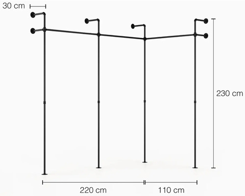Věšák na šaty z ocelových trubek o rozměrech 230 krát 220 krát 110 centimetrů