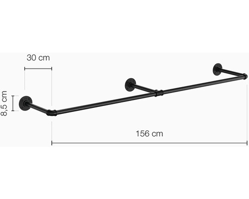 Černá šatní tyč o rozměrech 30 cm, 8,5 cm a 156 cm.