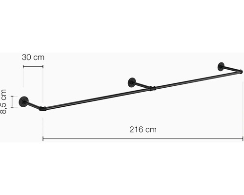 Černá šatní tyč o rozměrech 216 cm délka, 30 cm hloubka a 8,5 cm výška.