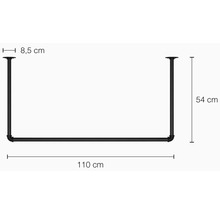 Obrázek černé šatní tyče o rozměrech 8,5 cm, 54 cm a 110 cm.