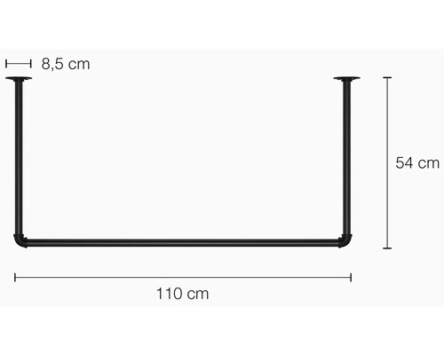 Obrázek černé šatní tyče o rozměrech 8,5 cm, 54 cm a 110 cm.