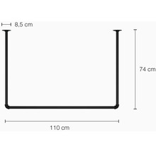 Rozměry černé šatní tyče: hloubka 8,5 cm, výška 74 cm a šířka 110 cm.