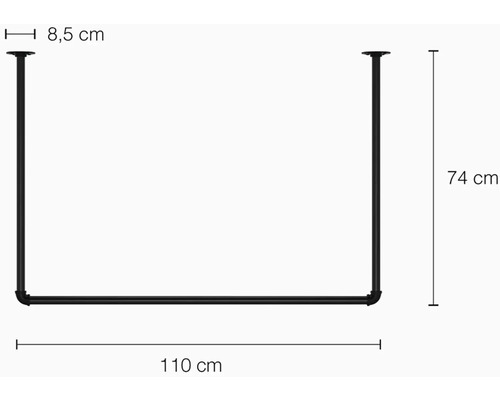 Rozměry černé šatní tyče: hloubka 8,5 cm, výška 74 cm a šířka 110 cm.