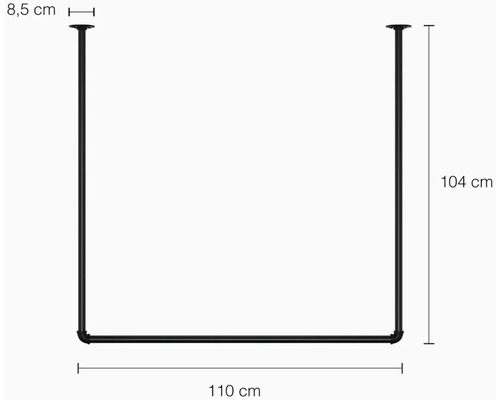 Černá kovová šatní tyč o rozměrech 110 cm šířka, 104 cm výška a 8,5 cm vzdálenost od stropu