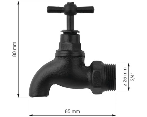 Kovový vodovodní kohoutek o rozměrech 80 mm na výšku a 85 mm na délku
