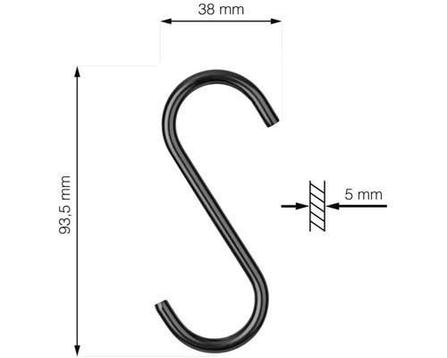 Hák ve tvaru S o rozměrech 93,5 mm výška, 38 mm šířka a 5 mm tloušťka