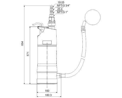 Technický nákres kalového čerpadla s rozměry