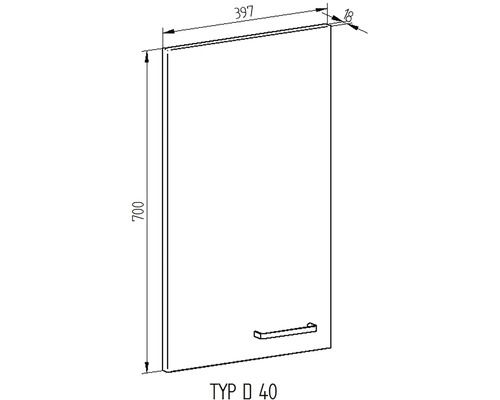 Technický nákres dveří skříňky o rozměrech 700 x 397 x 18 milimetrů