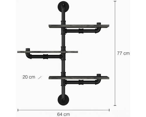 Nástěnná police se třemi policemi z dřeva a trubek v industriálním designu, rozměry 77 cm vysoká a 64 cm široká
