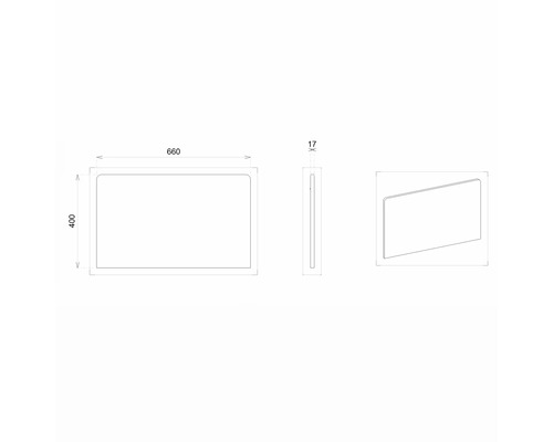 Technický nákres zrcadla o rozměrech 660 x 400 x 17 milimetrů