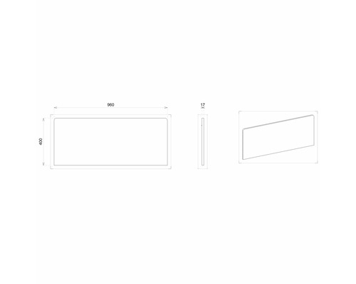 Technický výkres obdélníkového zrcadla o rozměrech 960 krát 400 krát 17 milimetrů