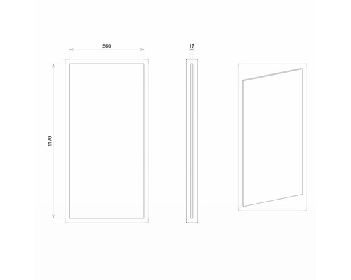 Technický nákres zrcadla o rozměrech 1170 x 560 x 17 milimetrů.